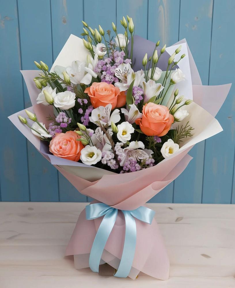Букет цветов из: Лизиантусы, Розы, Альстромерии и Гипсофила в Кормиловке
