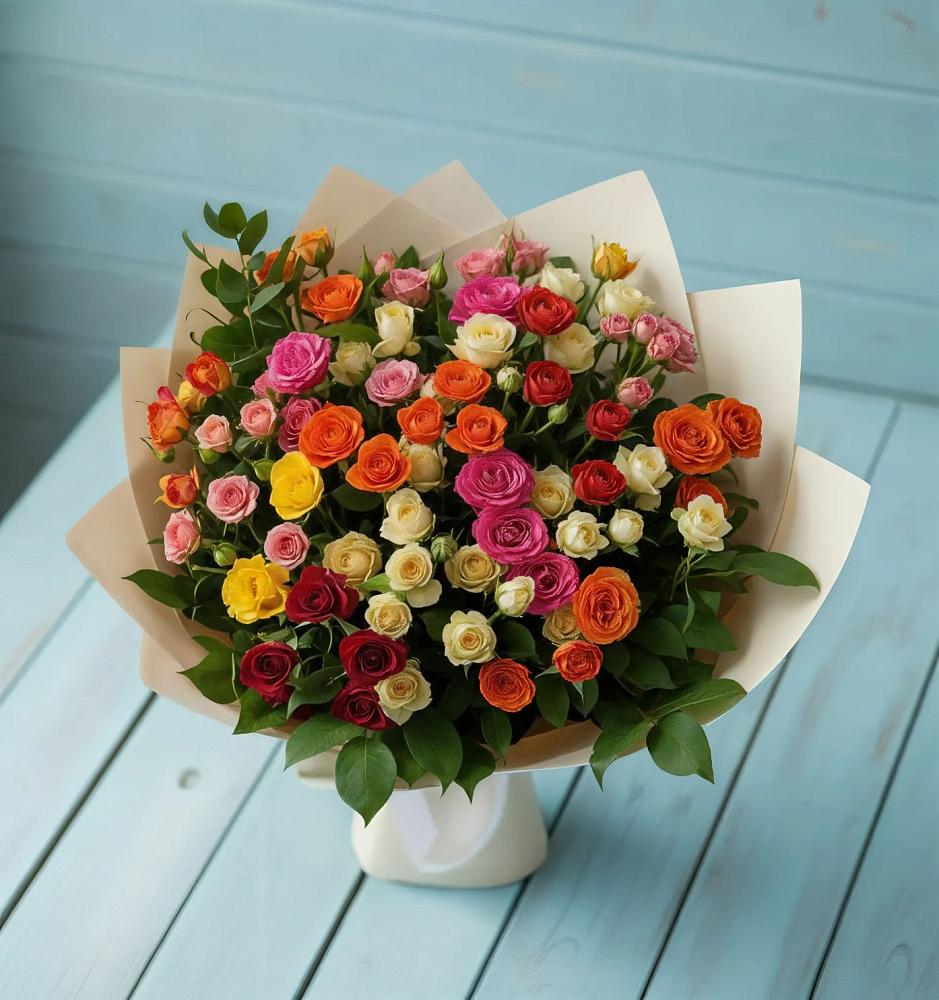 Букет Микс из разноцветных кустовых роз в Кормиловке